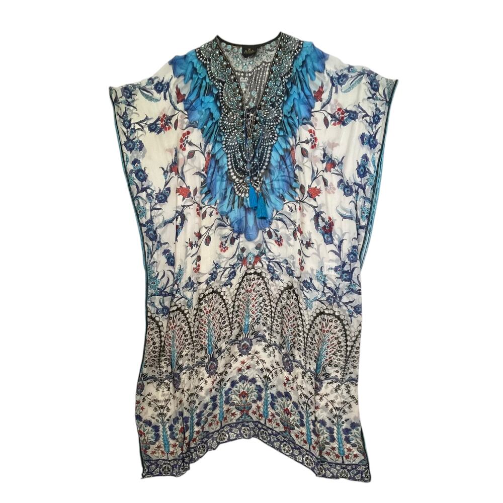 ASA Kaftans Long Coverup Maxi Dress - Blue White - Feathers - Floral - Size L
